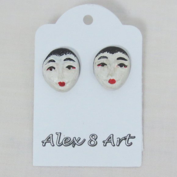 New Unique Hand Painted Lady's Face Stud Earrings - Picture 1 of 6